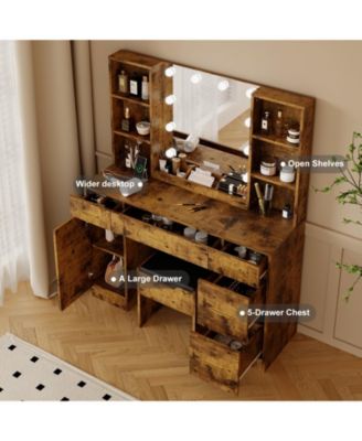 Farmhouse Vanity Set with Lighted Mirror,56 Inch Modern Makeup Vanity with Charging Station&Storage Shelves