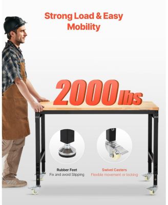 48" Adjustable Workbench, 2000 lb Load, Oak Wood Top Work Table with Power Outlet, Pegboard & Wheels, Heavy-Duty Work Bench