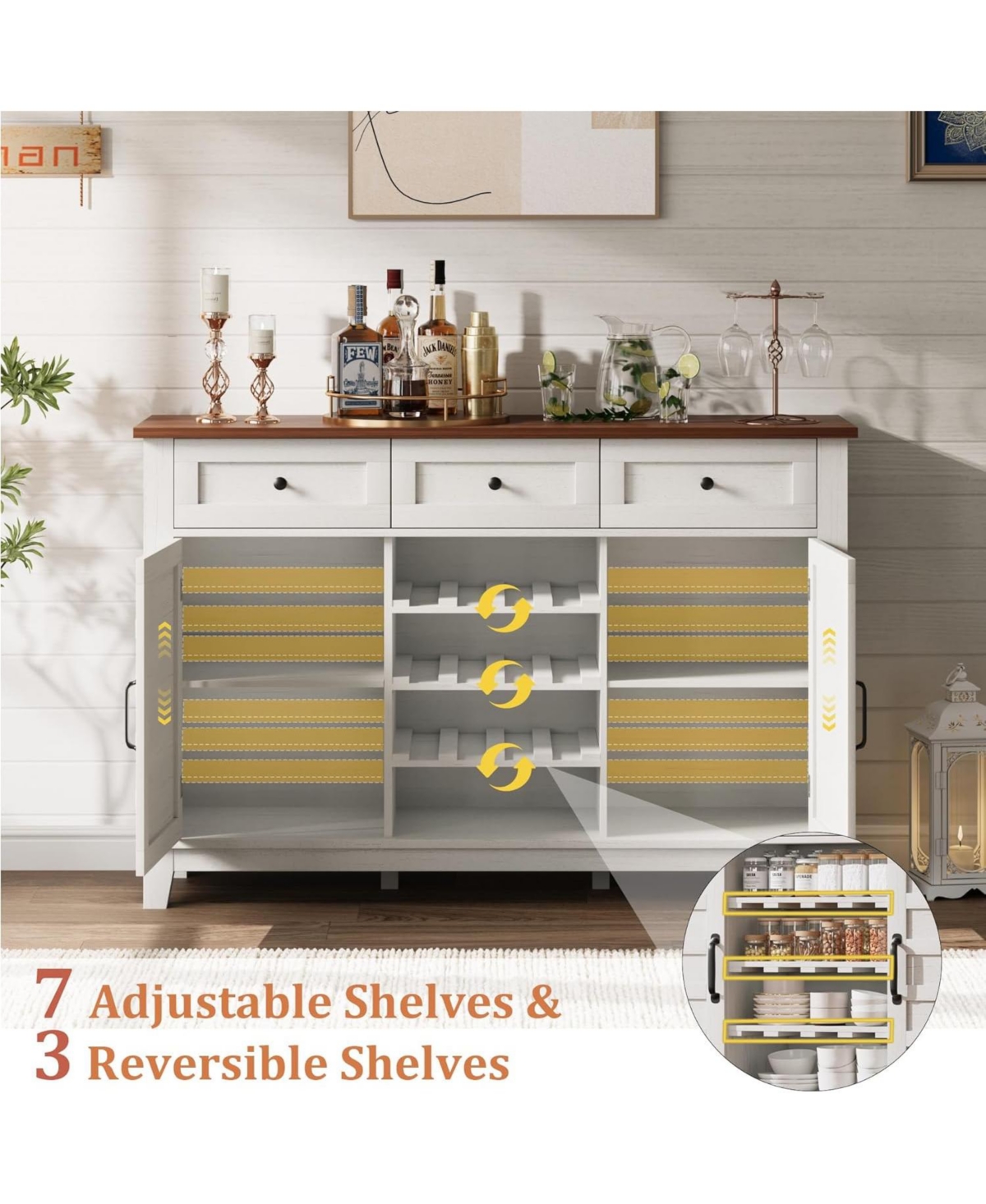 Gaomon 53.5'' Farmhouse Buffet Cabinet with Storage, Storage Cabinet with 3 Drawer, Reversible Wine Rack, Farmhouse Sideboard, Rustic White & Brown