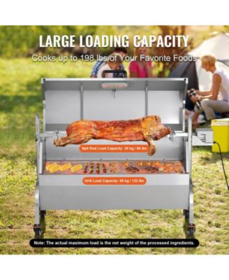 46" Rotisserie Charcoal Spit Grill with Hooded Cover, 132 lb Capacity, 52W Electric Motor, Stainless Steel Roaster, Lockable Wheels
