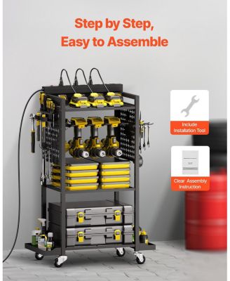 4-Tier Tool Organizer Cart with Charging Station, 8 AC Outlets, Rolling Drill Holder & Tool Battery Storage Rack, Wheels, Garage Use
