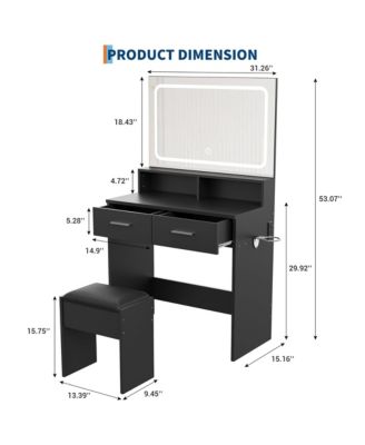Vanity Set with 3-Color Adjustable LED Mirror Power Outlet and 2 Drawers Modern Dressing Table with Stool