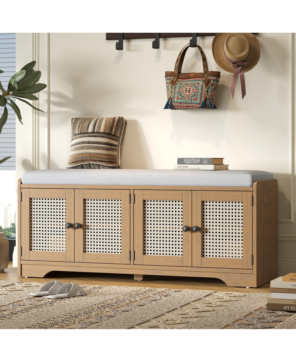 Boyel Living Rustic Wood Entryway Shoe Bench with Cushion and Adjustable Shelves