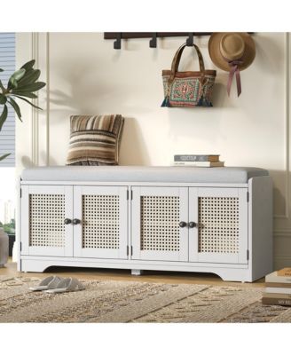 Rustic Wood Entryway Shoe Bench with Cushion and Adjustable Shelves