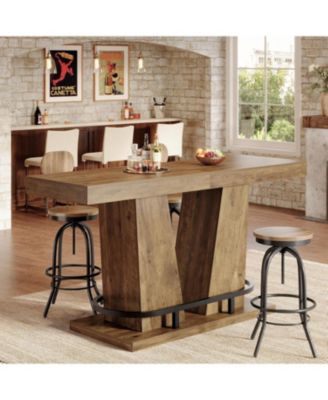 62.99" Industrial Bar Table for 4-6, Rectangle Counter Height Pub Table with Metal Footrest, Home Bar Units
