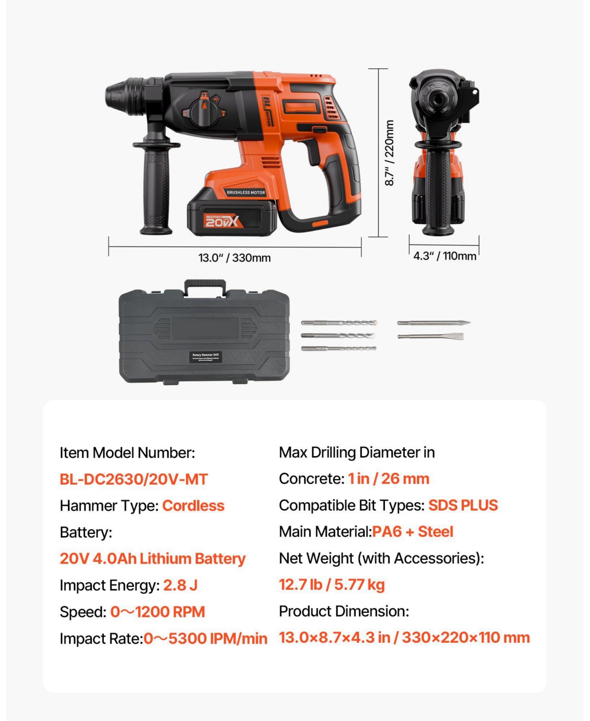 Mecale 20V Brushless Cordless Sds-Plus Rotary Hammer Drill, 1" Capacity, 4 Functions, 1200 Rpm, 5300 Bpm, Battery & Charger Included