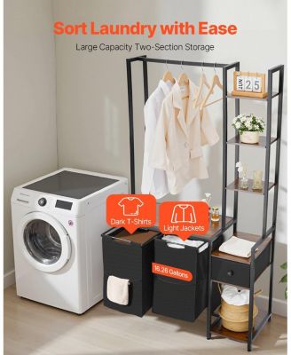 3-Tier Laundry Sorter with Rack, 2-Section Hamper with Shelves & Drawers, Ladder Shelves, 600D Oxford Bags, Metal Frame