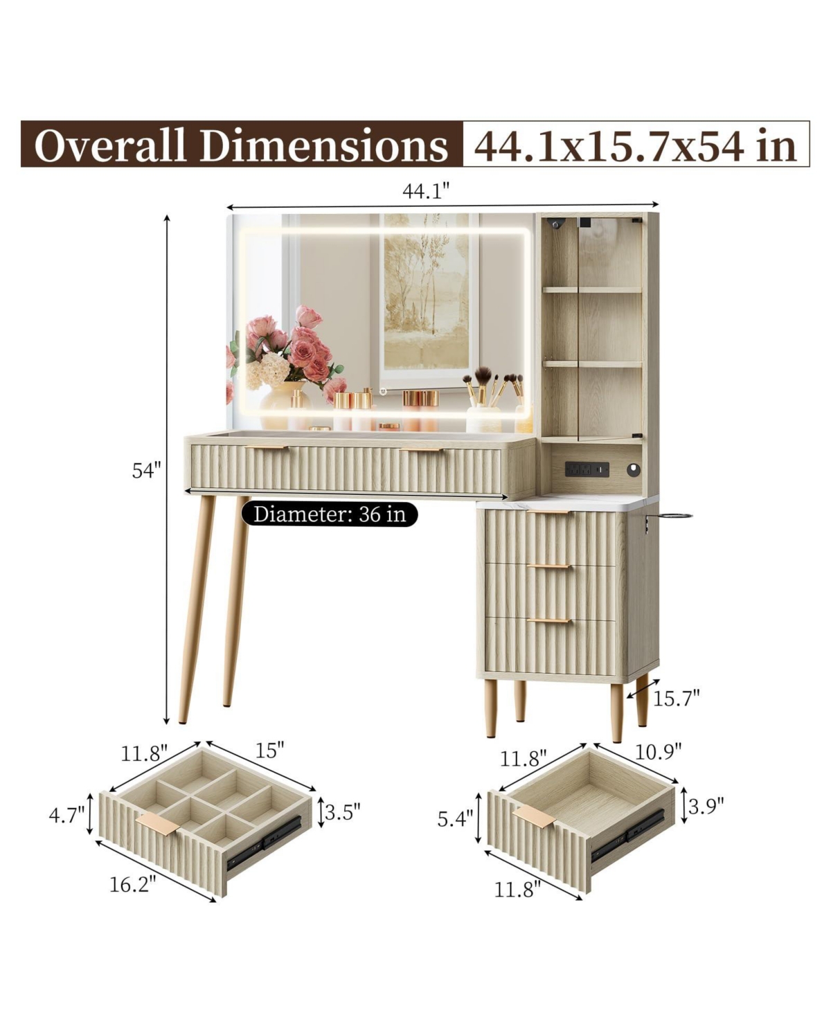 Gaomon Fluted Makeup Vanity Desk with Mirror, Glass Top, Charging Station, 5 Drawers & Shelves for Bedroom