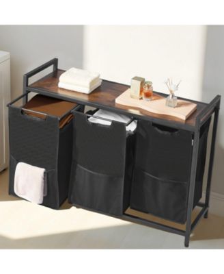 3-Section Laundry Sorter, Large Hamper with Wood Top, Metal Frame, Pull-Out 600D Oxford Cloth Bags, Freestanding Organizer