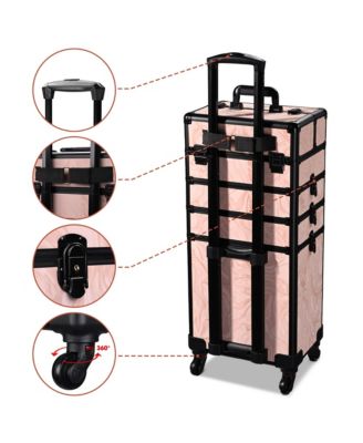 Rolling Makeup Train Case Trolley w/ Cube Case Cosmetic Organizer Pink