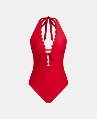Women's Halter Deep V-Neck Scalloped One Piece Swimsuit