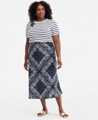 Trendy Plus Size Brittany Bandana Print Pull-On Midi Slip Skirt