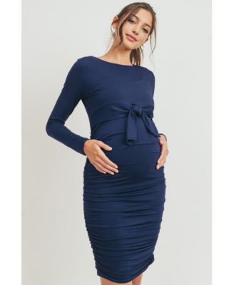 Maternity Front Tie Crew Neck Side Ruched Nursing Dress