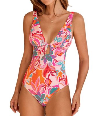 Women's Tropical Floral Print Plunge Cut-out One-Piece Swimsuit