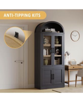 Arched Storage Bookcase, 6-Tier Modern Wooden Shelving with Doors for Living Room, Black