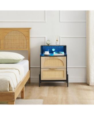 Black Nightstand with LED Lights, 2 Drawers & Curved Shelves – Modern Bedside Table for Bedroom or Living Room Storage