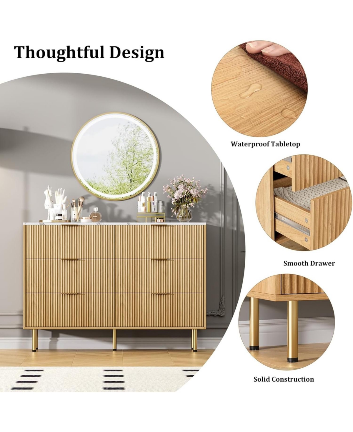 gaomon 6-Drawer Modern Fluted Wood Dresser with Gold Handle, Large Storage Organizer for Bedroom, Living Room