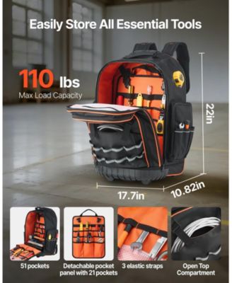 Rolling Tool Backpack on Wheels, 110 lb Capacity, 72 Pockets, Heavy-Duty Tool Organizer, Telescoping Handle, Stable Base