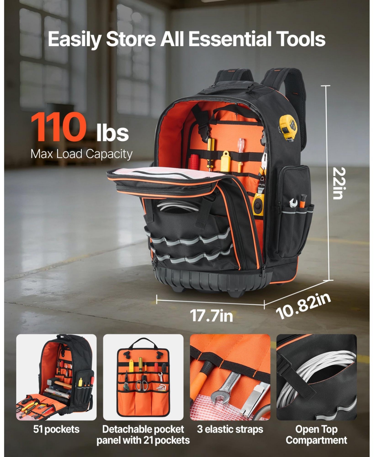 Mecale Rolling Tool Backpack on Wheels, 110 lb Capacity, 72 Pockets, Heavy-Duty Tool Organizer, Telescoping Handle, Stable Base