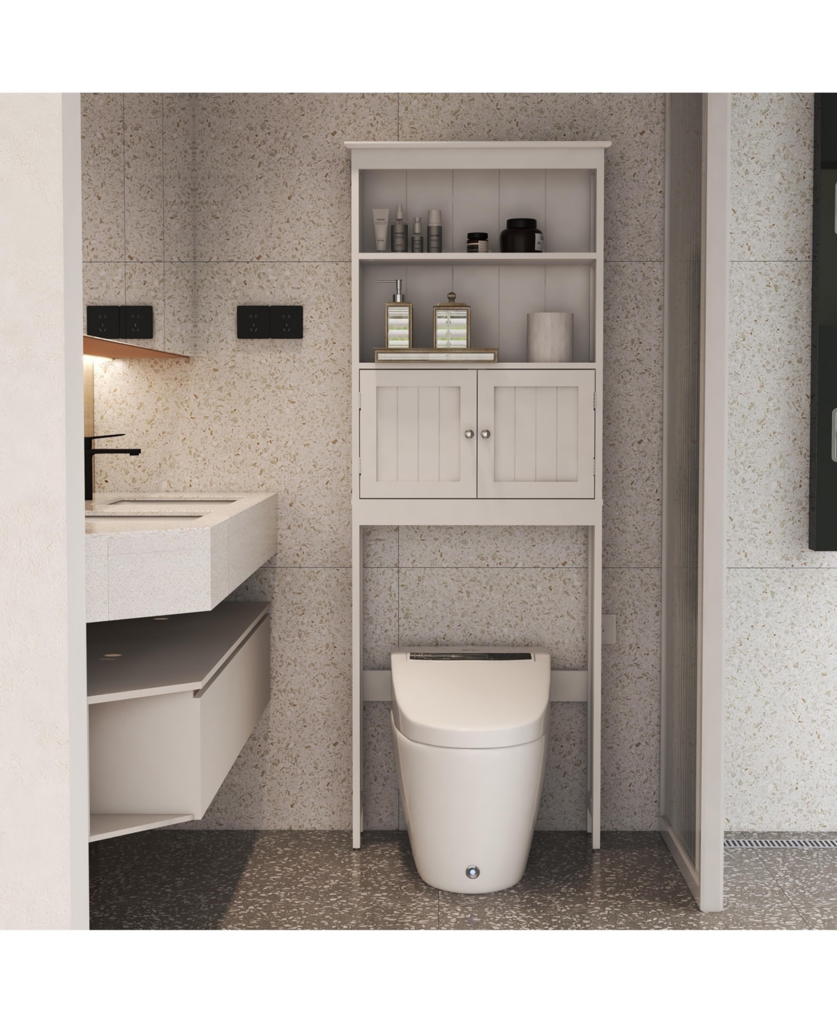 sumyeg 2-Tier Bathroom Spacesaver Storage Shelf with 2 Doors, Freestanding Wood Organizer Cabinet