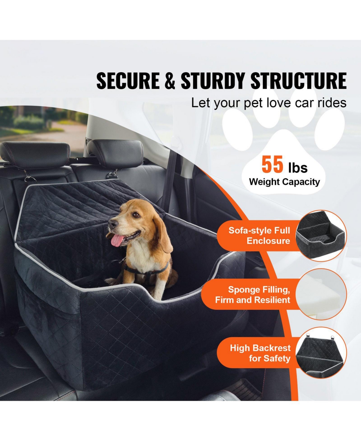 Cozito Dog Car Booster Seat w/ Storage Pocket & Safety Leash, Sponge Fill, Dog Car Bed for Medium/Large Dogs up to 55 lb, Black