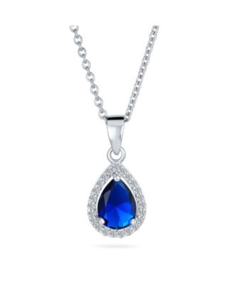 5CT Solitaire Teardrop Halo Sapphire Blue CZ Pendant Necklace Silver Plated