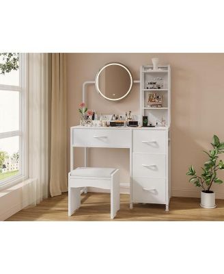 Vanity Desk with Mirror and Lights, Wood Dressing Table with 4 Fabric Drawers, Makeup Table with Hair Dryer Rack for Bedroom Dressing Room