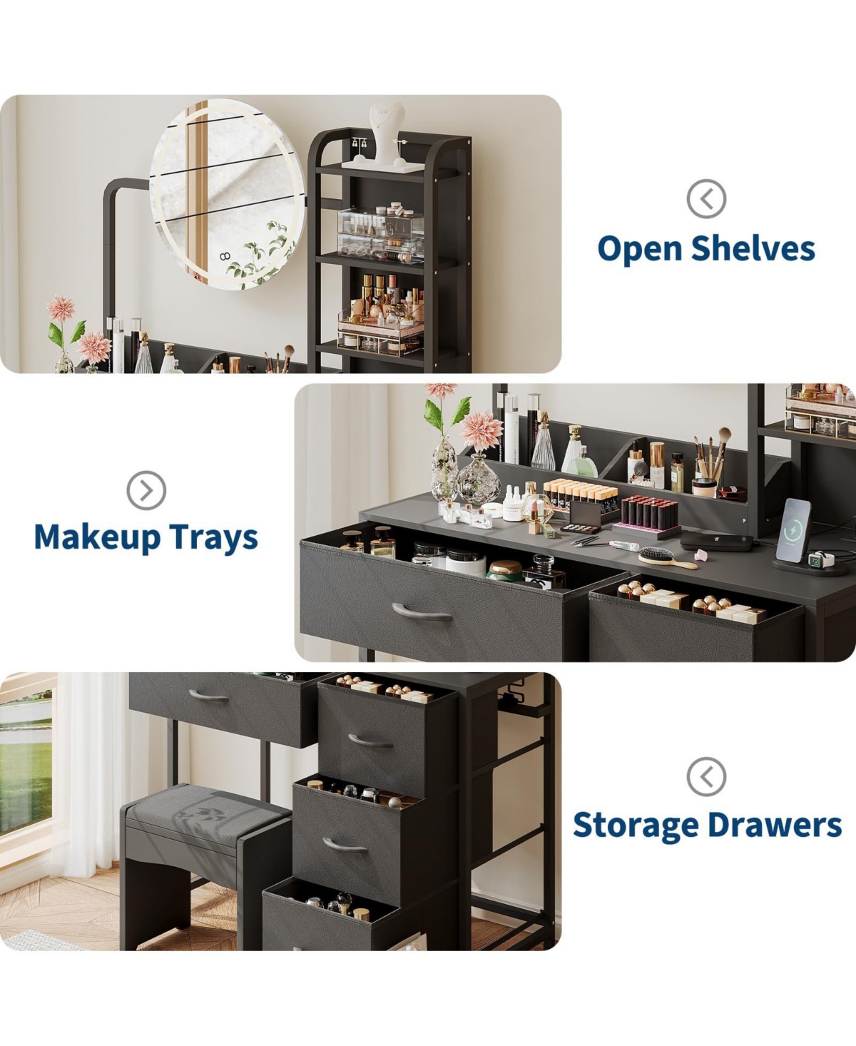 gaomon Vanity Desk with Mirror and Lights, Wood Dressing Table 4 Fabric Drawers, Makeup Hair Dryer Rack for Bedroom Room