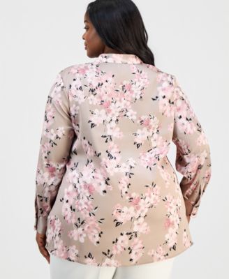 Plus Size Printed Long-Sleeve Popover Blouse