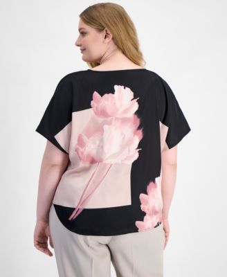 Plus Size Printed Satin Short-Sleeve Top