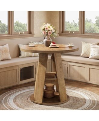 Round Dining Table for 2–4, 31.5" Small Farmhouse Kitchen Table with 2-Tier Storage Shelf, Space-Saving Wood Dining Table, Light Brown