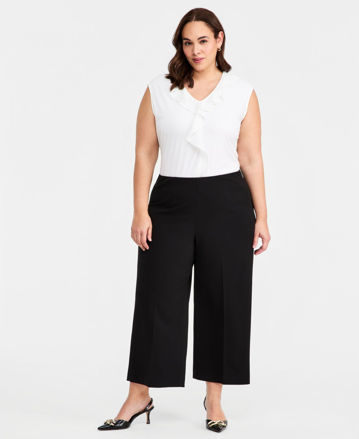 Женские брюки Anne Klein Plus Size High-Rise Wide-Leg, цвет: Чёрный — фото 1