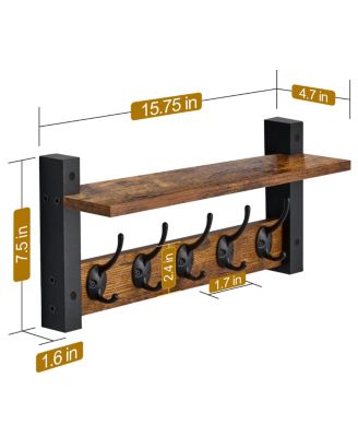 16 Inch Floating Wall Shelf with 5 Heavy Duty Hooks – for Entryway, Bathroom, Bedroom, Kitchen, or Mudroom