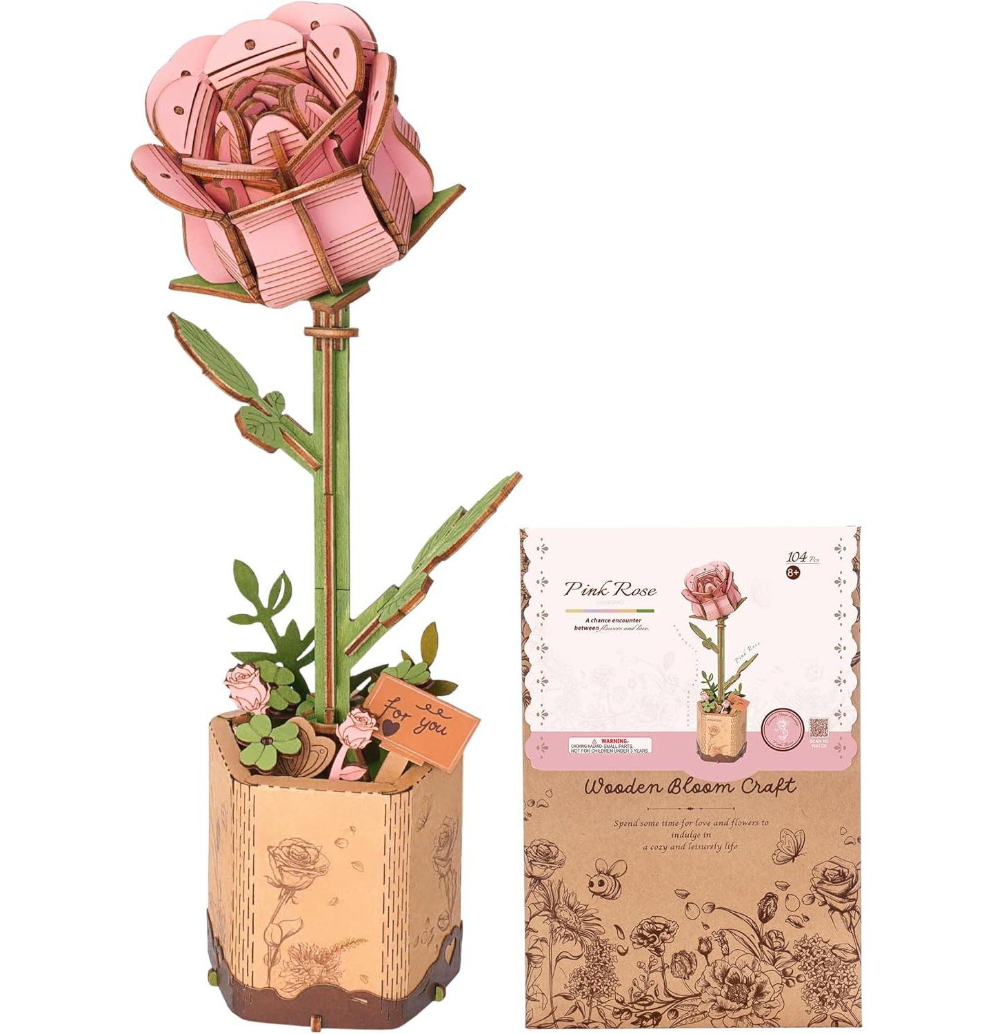 Детский конструктор Robotime Pink Rose 3D Wooden Cuckoo Clock TW041 104-Piece Building Set, Ages 8+, цвет: Розовый — фото 1