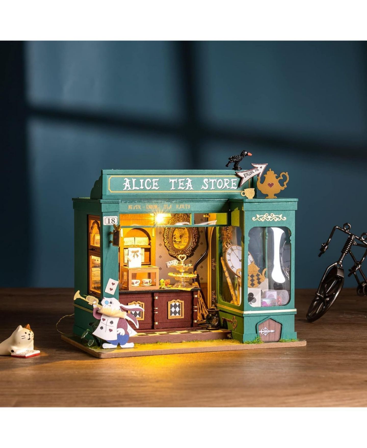 Детские куклы Robotime Alice's Tea Store 1:24 Scale Plywood DIY Miniature House Kit with LED Light, Ages 14+ — фото 2