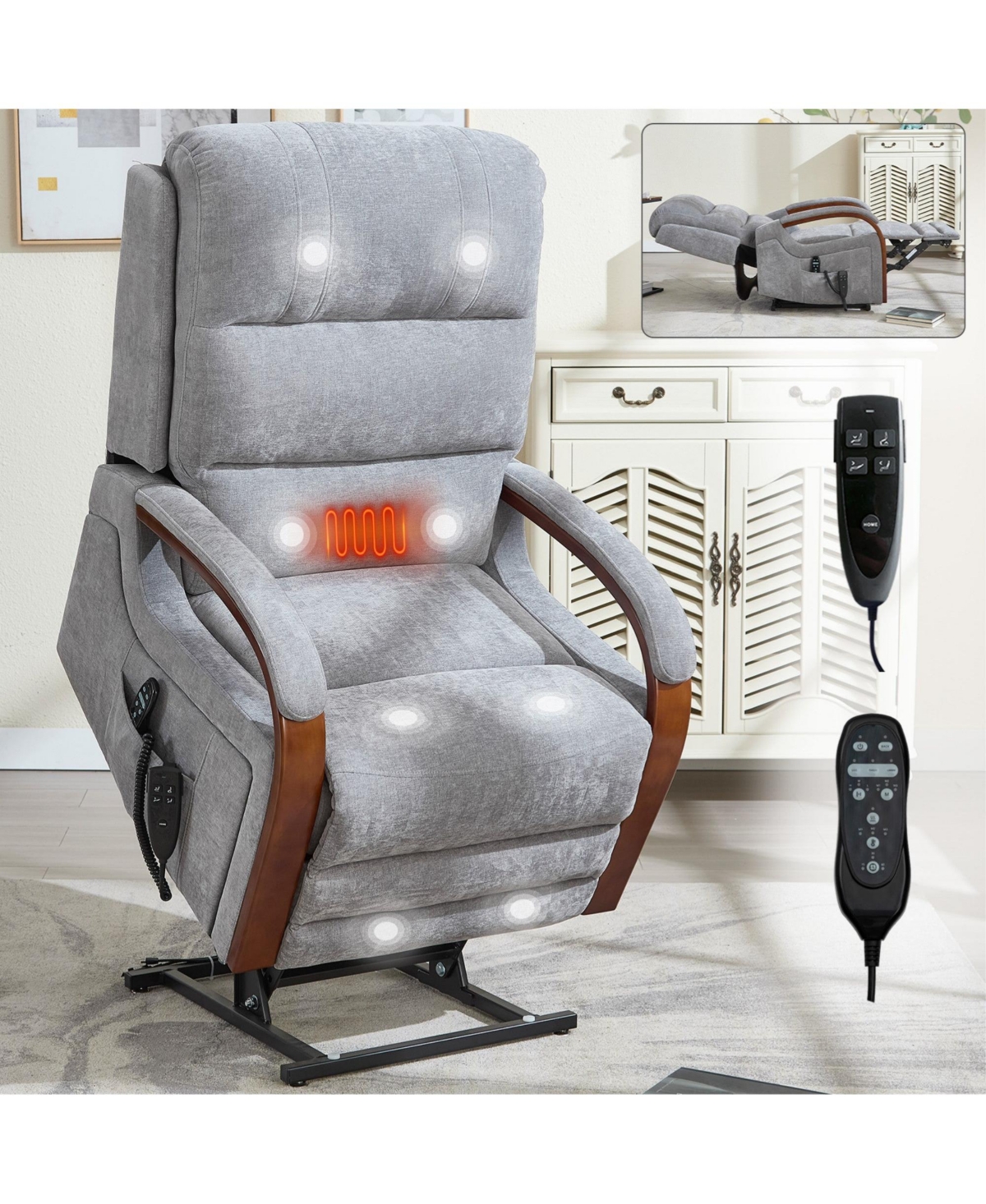 Boyel Living Power Chenille Lift Recliner Chair Dual Motor Infinite Position Up to 350 Lbs with Solid Wood Armrests and Heat Massage