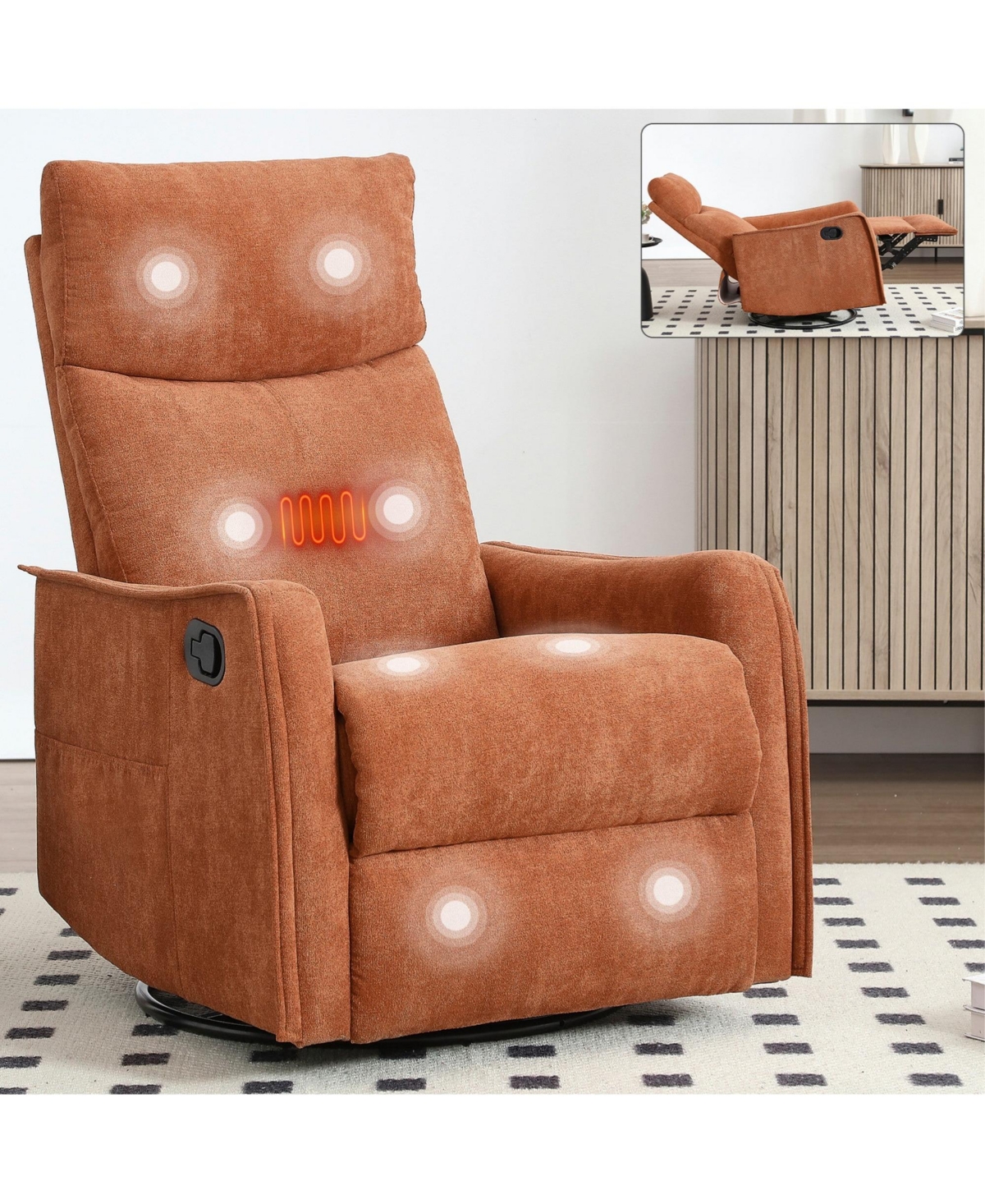Boyel Living Heat Massage Manual Recliner Chair with Rocker and Swivel in Fabric for Living Room