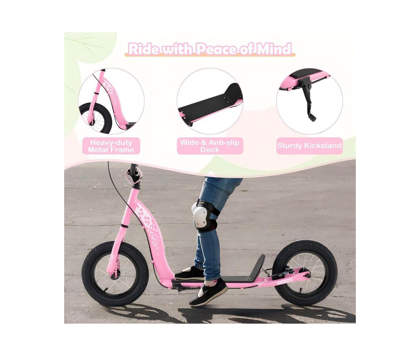 Детская игрушка HONGGE Adjustable Kick Scooter with Inflatable Tires and Rear Brake, 165 lbs Capacity, Ages 8+, цвет: Розовый — фото 8