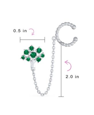 Green CZ Family Tree of Life Ear Cuff Chain Stud Earrings .925 Sterling Silver