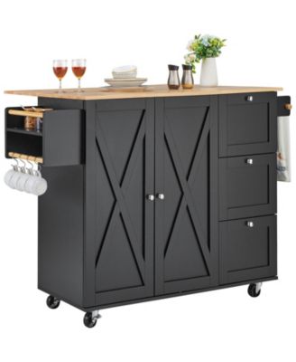 56" Kitchen Island Cart with Wood Top, Storage Cabinet, Drop Leaf, Drawer, Adjustable Shelf, Spice Rack, Towel Bar, Hooks