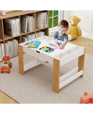 White Kids 2 in 1 Play Table with 7 Storage Compartments LEGO Compatible Building Surface and Whiteboard Modern Activity Learning Furniture