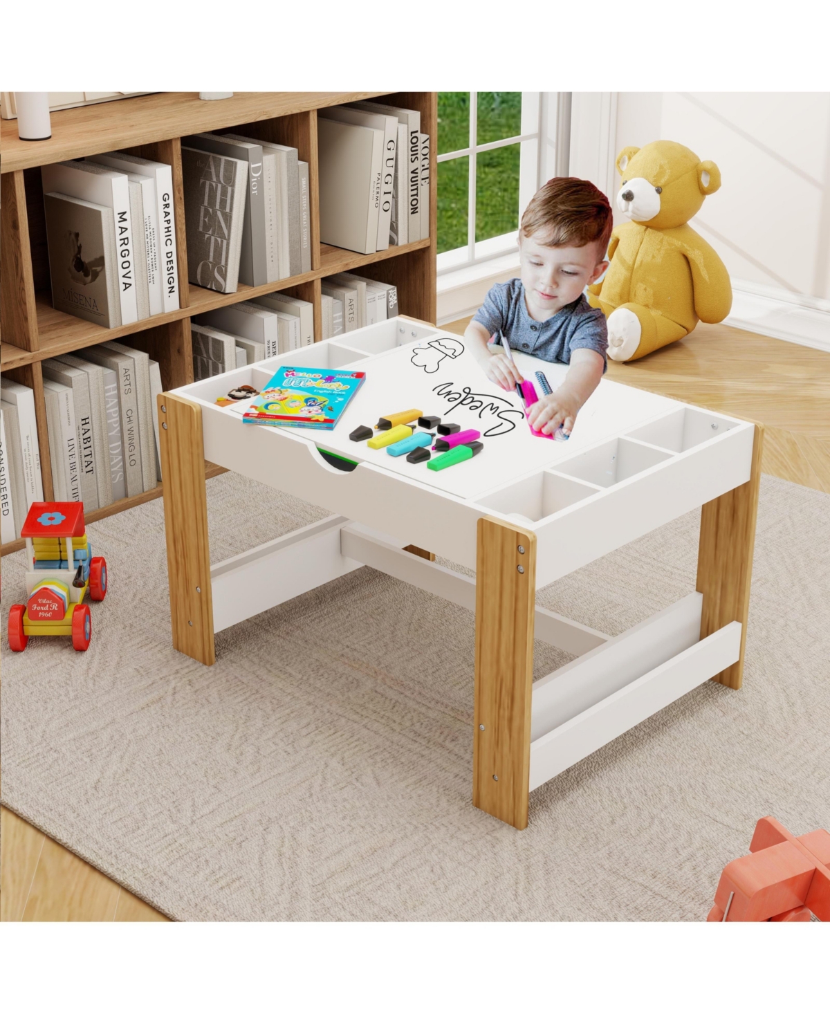 Flynama White Kids 2 in 1 Play Table with 7 Storage Compartments Lego Compatible Building Surface and Whiteboard Modern Activity Learning Furniture