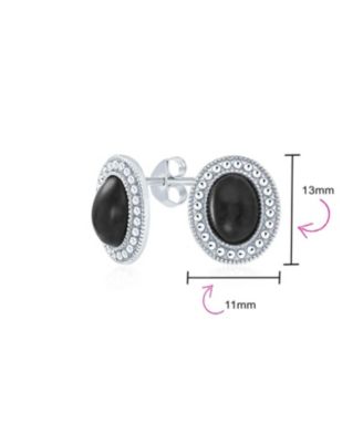 Classic Black Onyx   Milgrain Bezel Halo Oval Stud Earrings .925 Sterling Silver