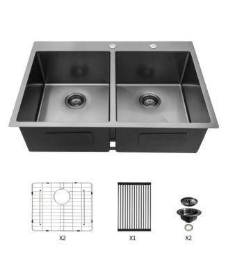 33" x 22" Gunmetal Black Double Bowl Drop-In Kitchen Sink, 16-Gauge T304 Nano Stainless Steel, Two 10" Deep Basins
