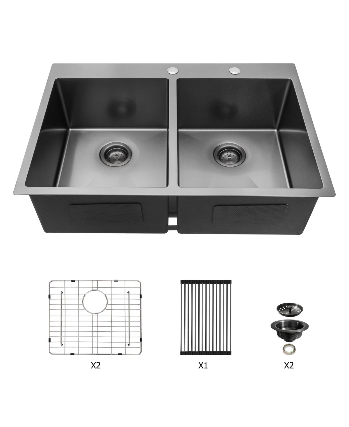 Flynama 33" x 22" Gunmetal Black Double Bowl Drop-In Kitchen Sink, 16-Gauge T304 Nano Stainless Steel, Two 10" Deep Basins