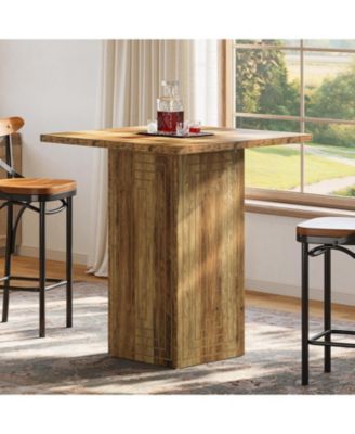 Square Bar Table, 31" Wooden Home Bar Unite with Geometric Texture, Farmhouse Counter Height Pub Table with Stable Base
