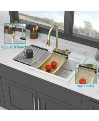 33x22x10inch White Composite Granite Quartz Drop In Single Bowl Workstation Waterfall Kitchen Sink with Pull Down Faucet