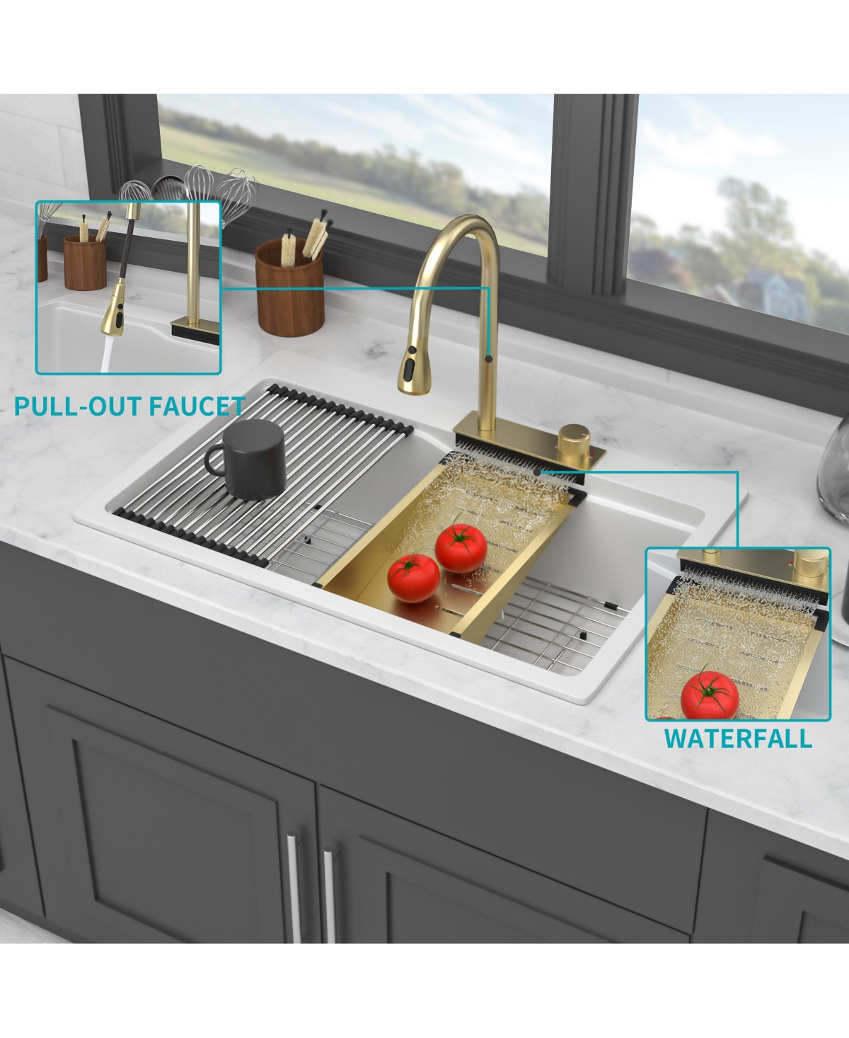 flynama 33x22x10inch White Composite Granite Quartz Drop In Single Bowl Workstation Waterfall Kitchen Sink with Pull Down Faucet