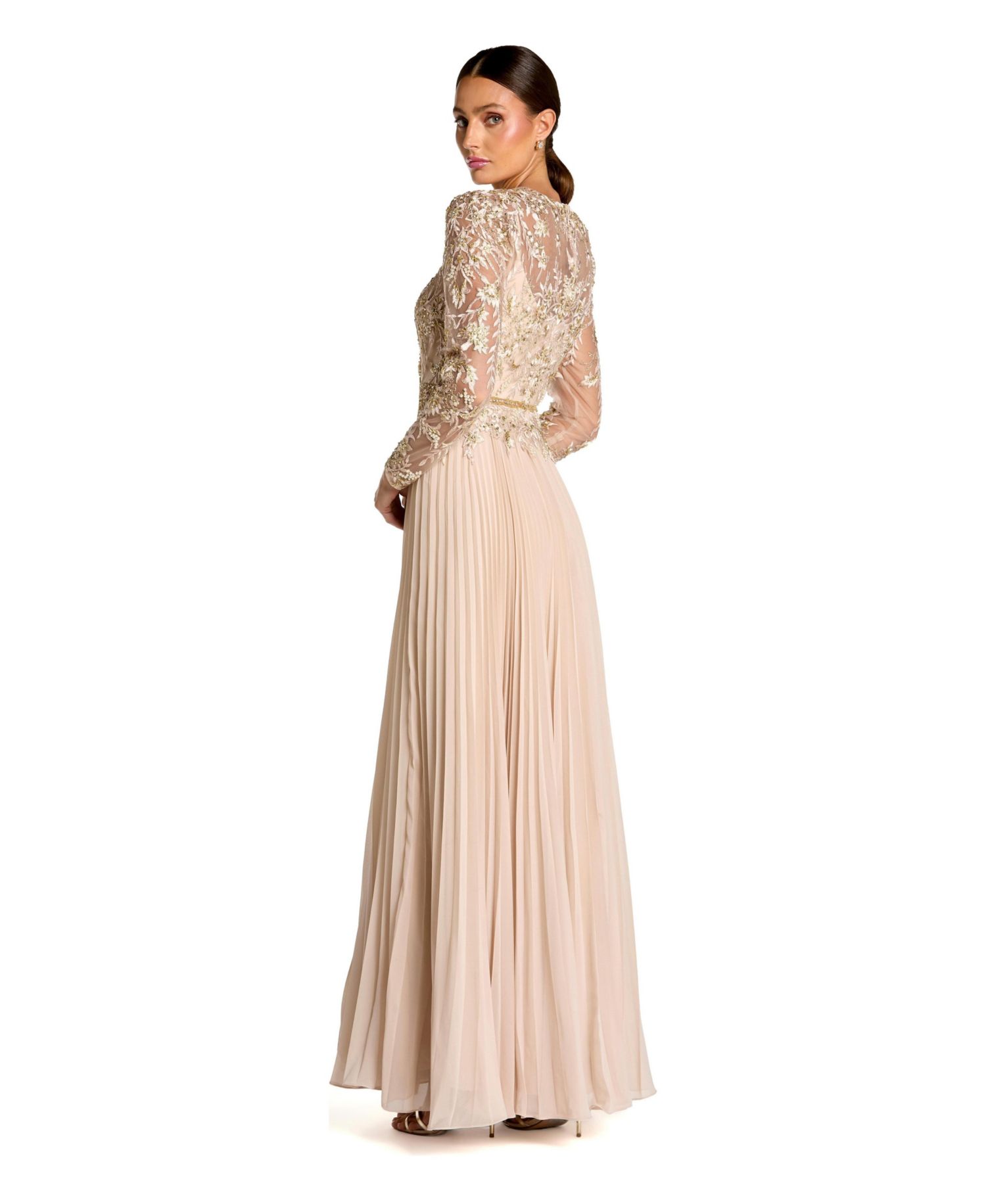Petite Long Sleeve Chiffon Embellished Gown