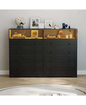 4 Drawer Wood Dressers for Bedroom with LED Lights and Charging Station, Modern Nightstand for Bedside, Wooden Chest of Drawers